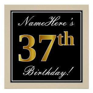 Elegant, Black, Faux Gold 37th Birthday + Name Poster