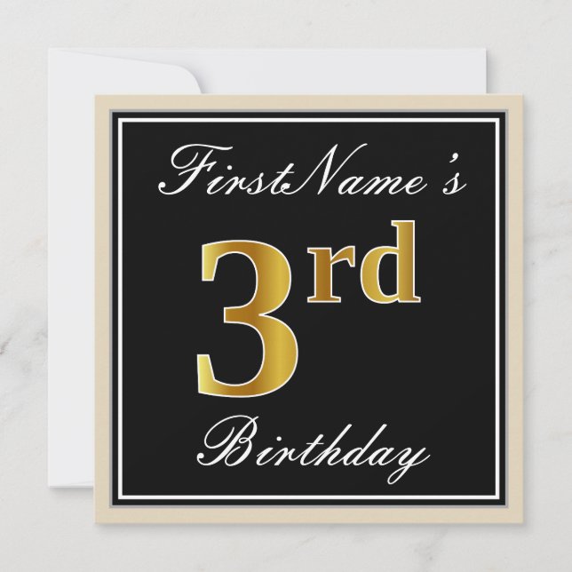 Elegant, Black, Faux Gold 3rd Birthday + Name Invitation (Front)