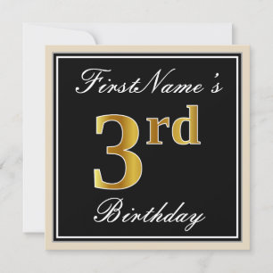 Elegant, Black, Faux Gold 3rd Birthday + Name Invitation