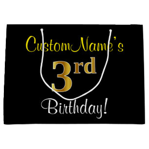 Elegant, Black, Faux Gold 3rd Birthday + Name Large Gift Bag
