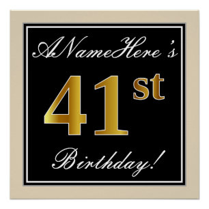 Elegant, Black, Faux Gold 41st Birthday + Name Poster