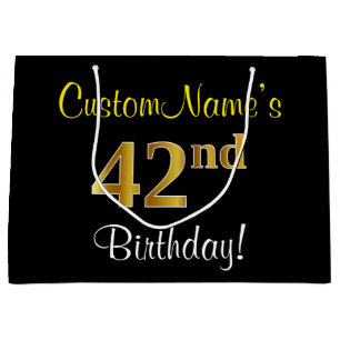 Elegant, Black, Faux Gold 42nd Birthday + Name Large Gift Bag