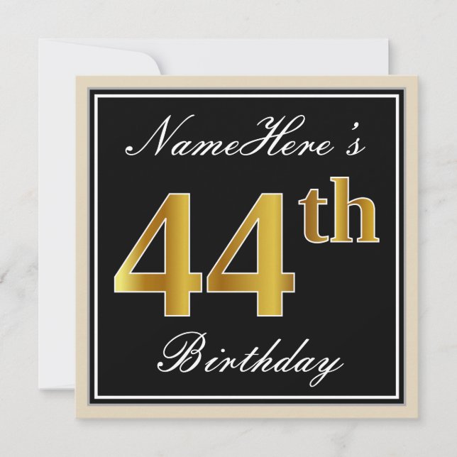 Elegant, Black, Faux Gold 44th Birthday + Name Invitation (Front)