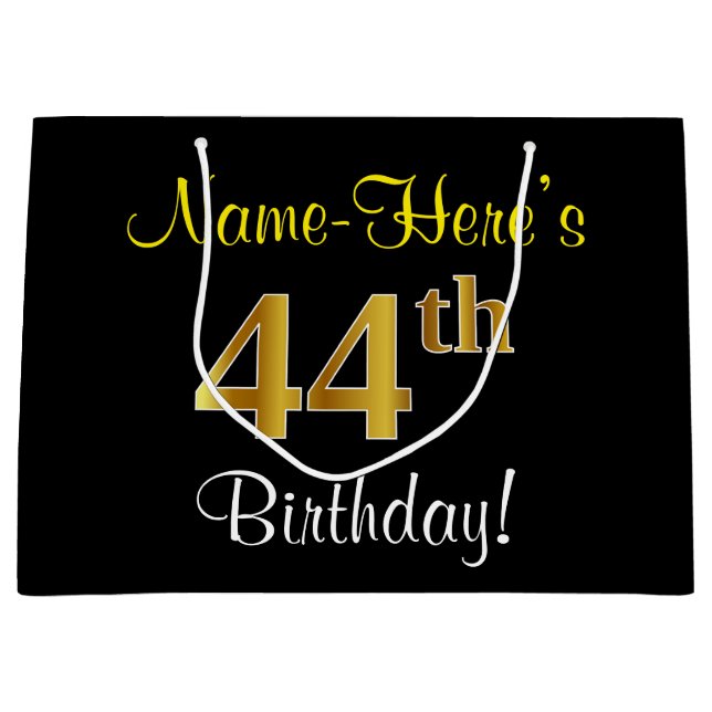 Elegant, Black, Faux Gold 44th Birthday + Name Large Gift Bag (Front)