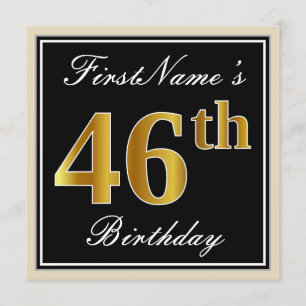 Elegant, Black, Faux Gold 46th Birthday + Name Invitation