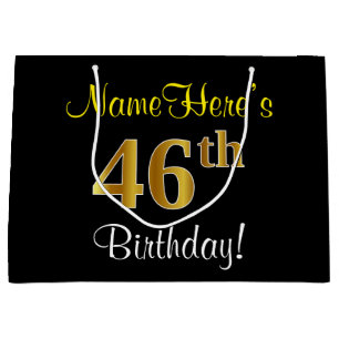 Elegant, Black, Faux Gold 46th Birthday + Name Large Gift Bag