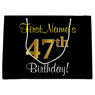 Elegant, Black, Faux Gold 47th Birthday + Name Large Gift Bag