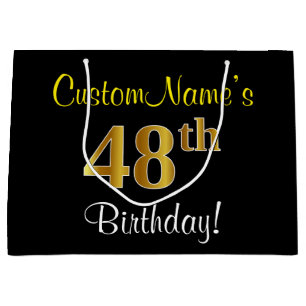 Elegant, Black, Faux Gold 48th Birthday + Name Large Gift Bag