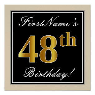 Elegant, Black, Faux Gold 48th Birthday + Name Poster