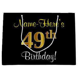 Elegant, Black, Faux Gold 49th Birthday + Name Large Gift Bag