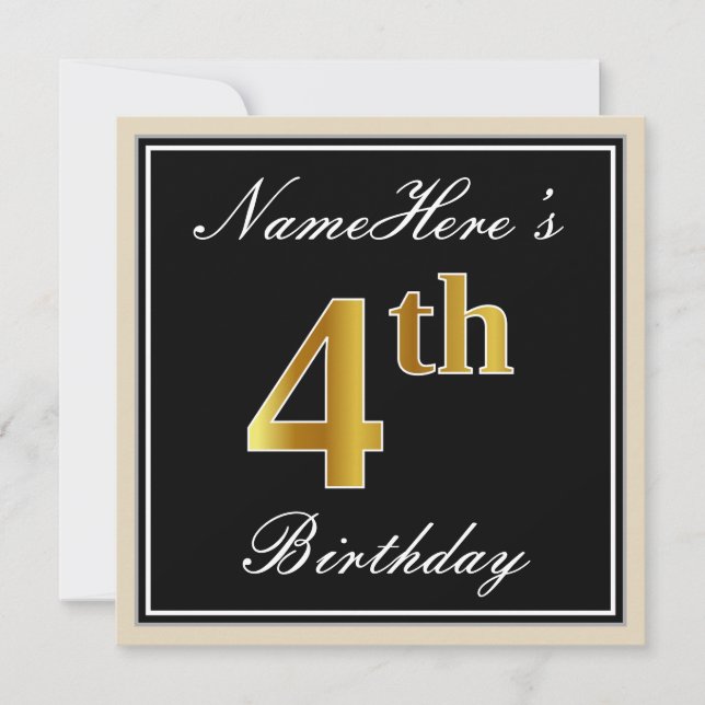 Elegant, Black, Faux Gold 4th Birthday + Name Invitation (Front)