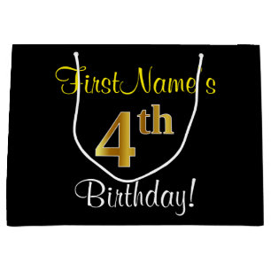 Elegant, Black, Faux Gold 4th Birthday + Name Large Gift Bag