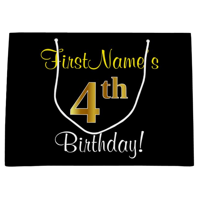 Elegant, Black, Faux Gold 4th Birthday + Name Large Gift Bag (Front)