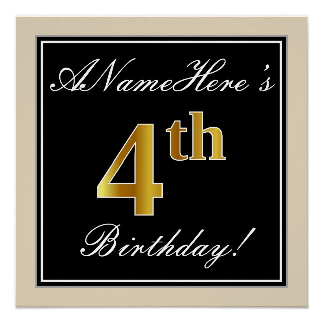Elegant, Black, Faux Gold 4th Birthday + Name Poster (Front)