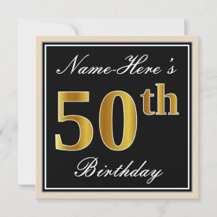 Elegant, Black, Faux Gold 50th Birthday + Name Invitation