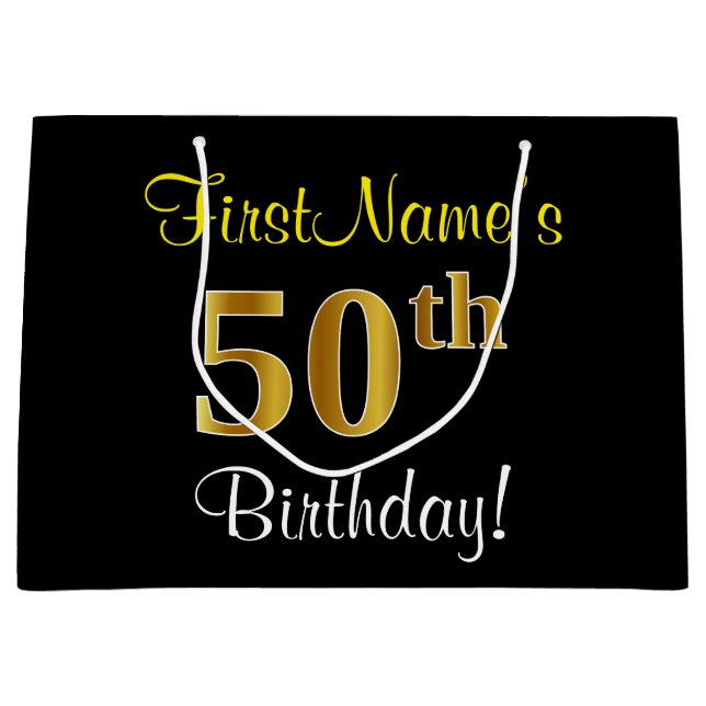 Elegant, Black, Faux Gold 50th Birthday + Name Large Gift Bag (Front)