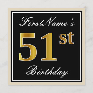Elegant, Black, Faux Gold 51st Birthday + Name Invitation