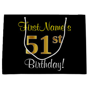 Elegant, Black, Faux Gold 51st Birthday + Name Large Gift Bag