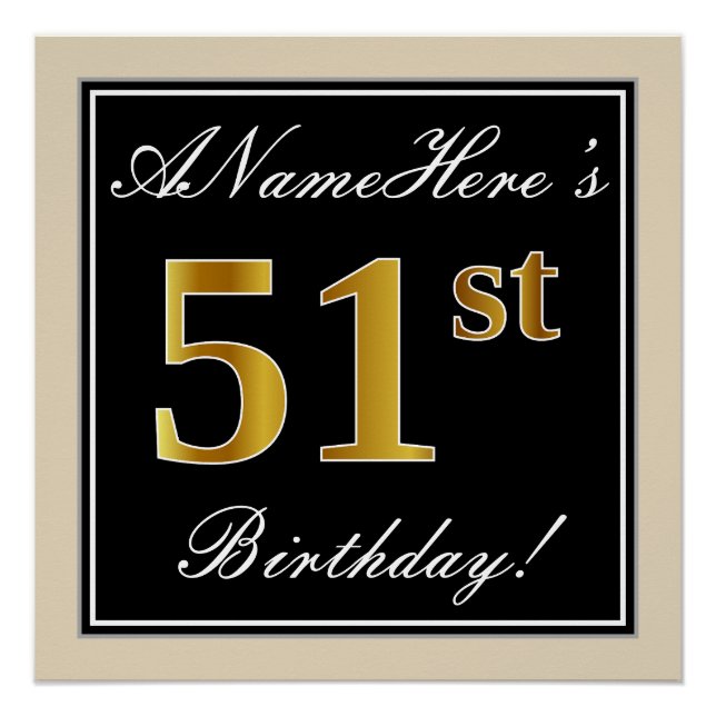 Elegant, Black, Faux Gold 51st Birthday + Name Poster (Front)