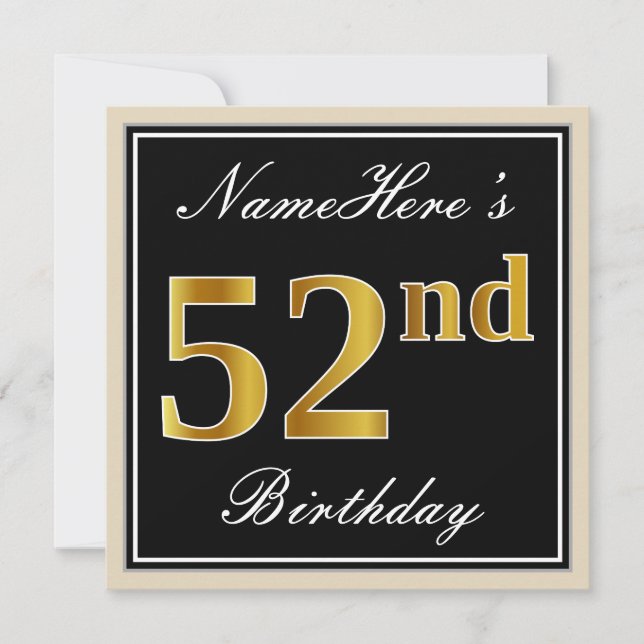 Elegant, Black, Faux Gold 52nd Birthday + Name Invitation (Front)