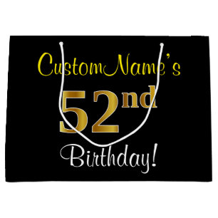 Elegant, Black, Faux Gold 52nd Birthday + Name Large Gift Bag