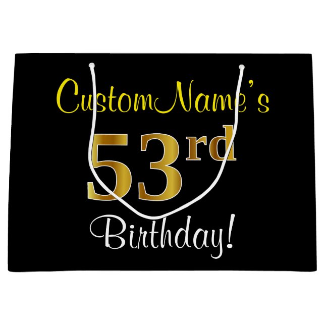 Elegant, Black, Faux Gold 53rd Birthday + Name Large Gift Bag (Front)