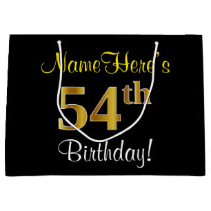 Elegant, Black, Faux Gold 54th Birthday + Name Large Gift Bag