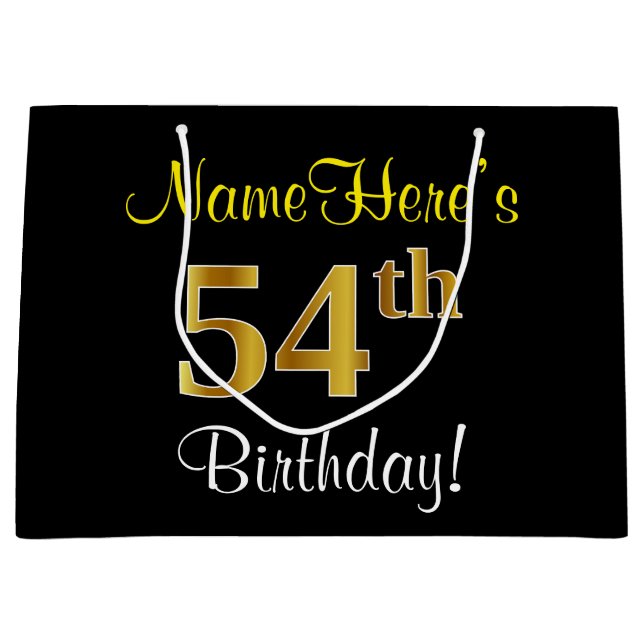 Elegant, Black, Faux Gold 54th Birthday + Name Large Gift Bag (Front)