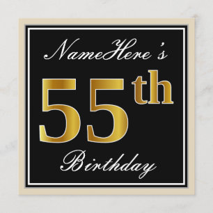 Elegant, Black, Faux Gold 55th Birthday + Name Invitation