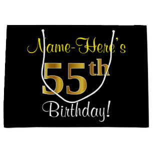 Elegant, Black, Faux Gold 55th Birthday + Name Large Gift Bag