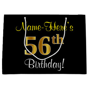 Elegant, Black, Faux Gold 56th Birthday + Name Large Gift Bag