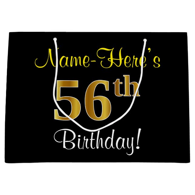 Elegant, Black, Faux Gold 56th Birthday + Name Large Gift Bag (Front)