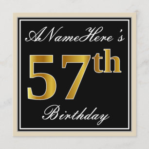 Elegant, Black, Faux Gold 57th Birthday + Name Invitation