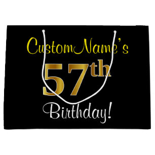 Elegant, Black, Faux Gold 57th Birthday + Name Large Gift Bag