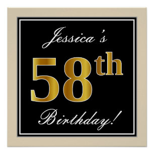 Elegant, Black, Faux Gold 58th Birthday + Name Poster