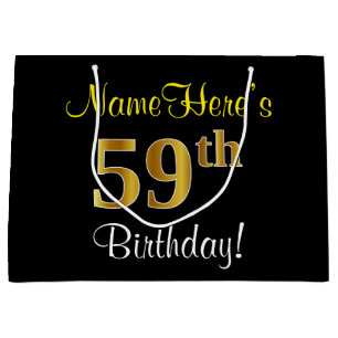 Elegant, Black, Faux Gold 59th Birthday + Name Large Gift Bag