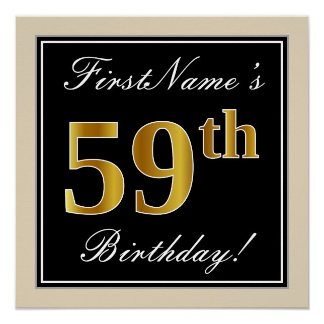 Elegant, Black, Faux Gold 59th Birthday + Name Poster (Front)