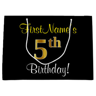 Elegant, Black, Faux Gold 5th Birthday + Name Large Gift Bag