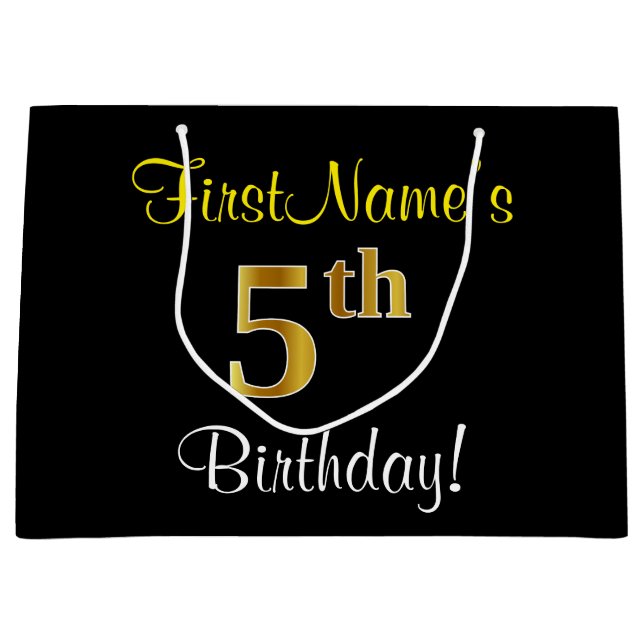 Elegant, Black, Faux Gold 5th Birthday + Name Large Gift Bag (Front)