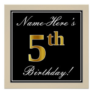 Elegant, Black, Faux Gold 5th Birthday + Name Poster