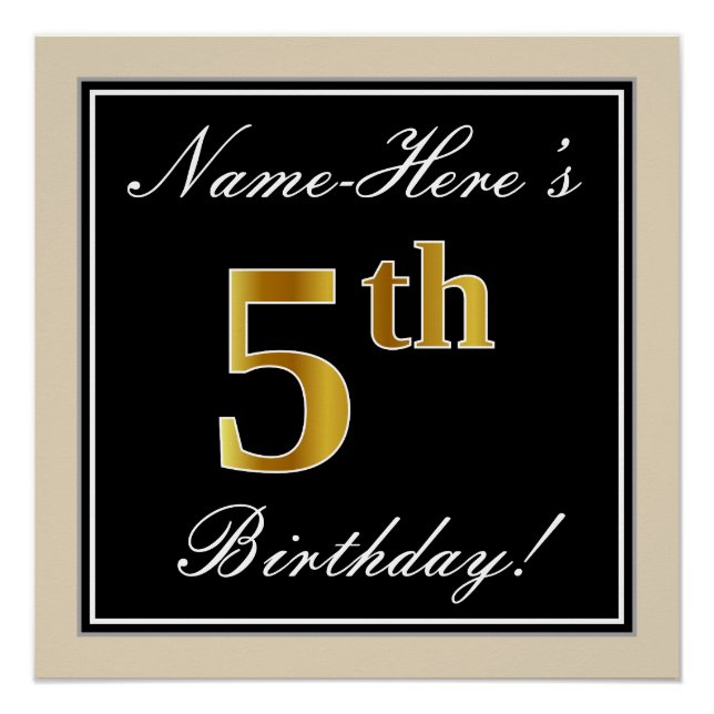 Elegant, Black, Faux Gold 5th Birthday + Name Poster (Front)