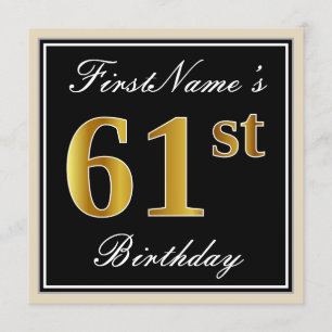 Elegant, Black, Faux Gold 61st Birthday + Name Invitation