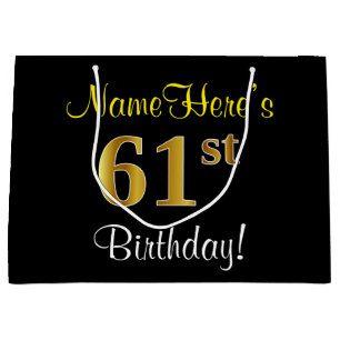 Elegant, Black, Faux Gold 61st Birthday + Name Large Gift Bag