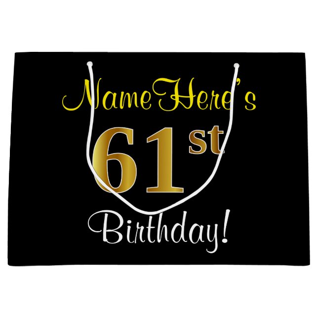 Elegant, Black, Faux Gold 61st Birthday + Name Large Gift Bag (Front)