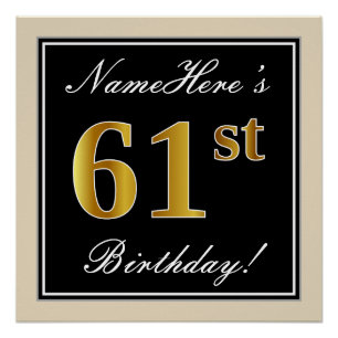 Elegant, Black, Faux Gold 61st Birthday + Name Poster