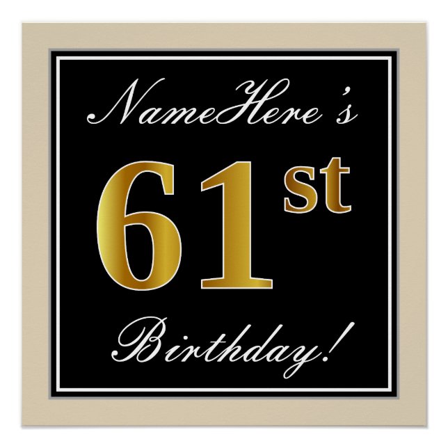 Elegant, Black, Faux Gold 61st Birthday + Name Poster (Front)