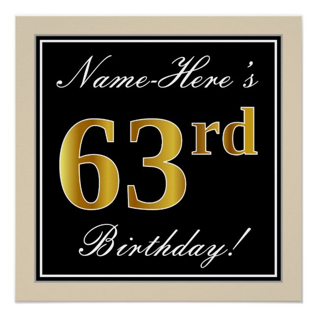 Elegant, Black, Faux Gold 63rd Birthday + Name Poster (Front)