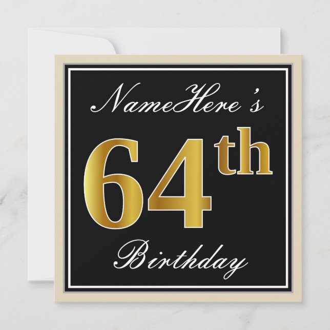 Elegant, Black, Faux Gold 64th Birthday + Name Invitation (Front)