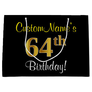 Elegant, Black, Faux Gold 64th Birthday + Name Large Gift Bag