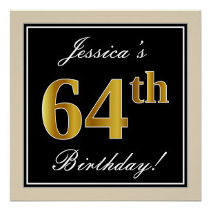 Elegant, Black, Faux Gold 64th Birthday + Name Poster
